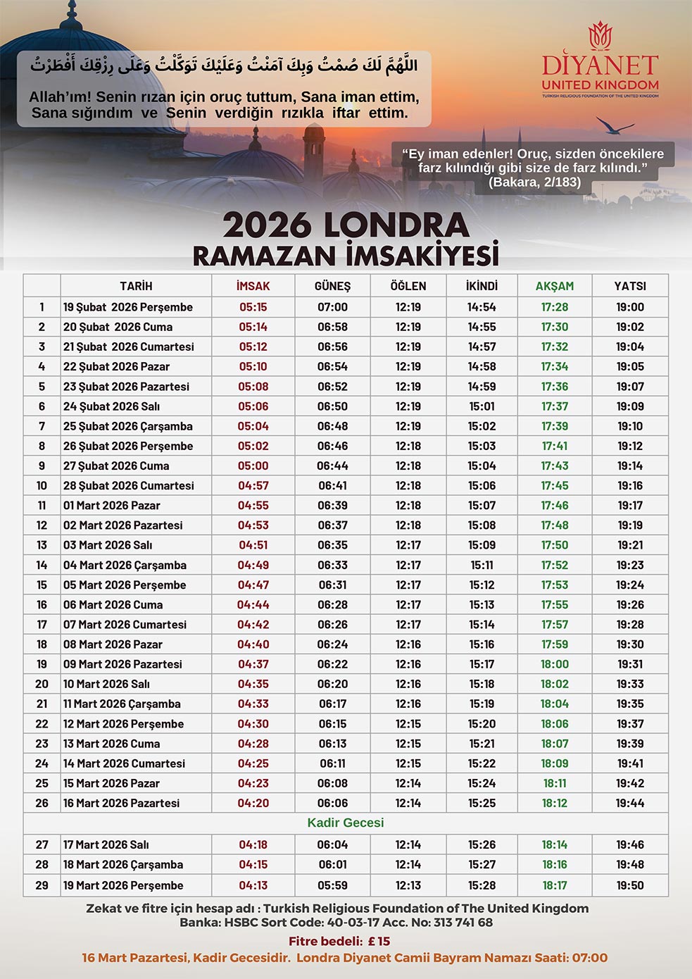 Londra 2026 Imsakiye