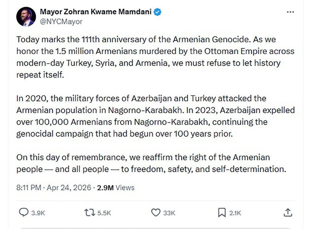 New York Belediye Baskani Zohran Kwame Mamdani Ermeni Soykirim Paylasimi